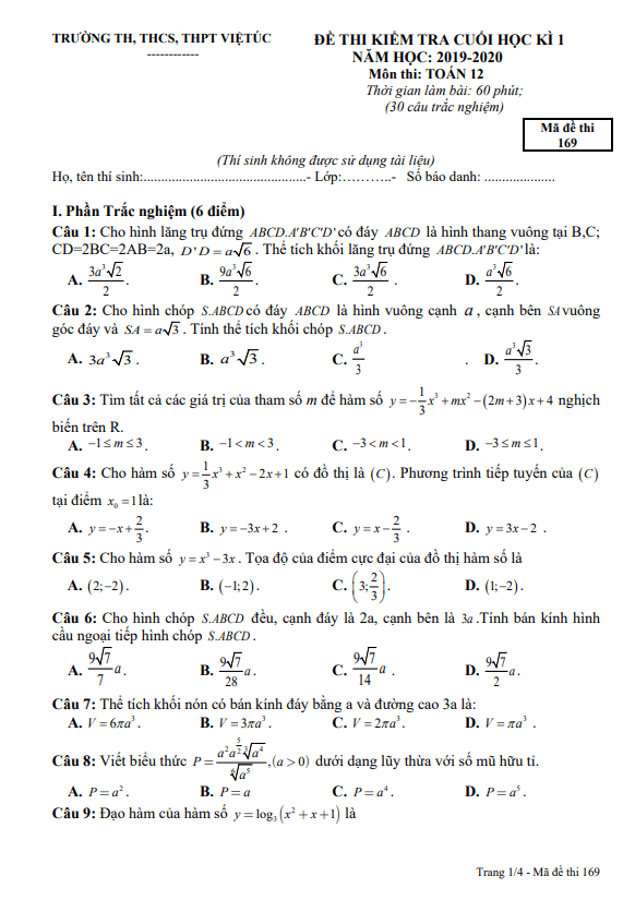 Đề thi cuối học kì 1 Toán 12 năm học 2019 – 2020 trường Việt Úc – TP HCM