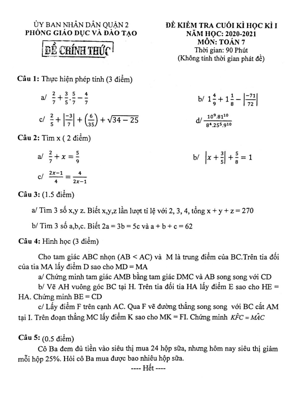 Đề thi cuối học kì 1 Toán 7 năm 2020 – 2021 phòng GD&ĐT Quận 2 – TP HCM