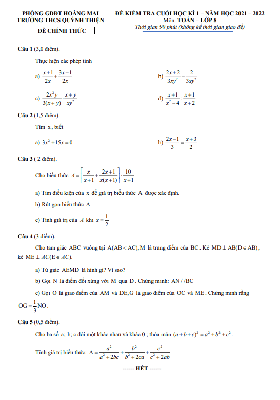 Đề thi cuối học kì 1 Toán 8 năm 2021 – 2022 trường THCS Quỳnh Thiện – Hà Nội