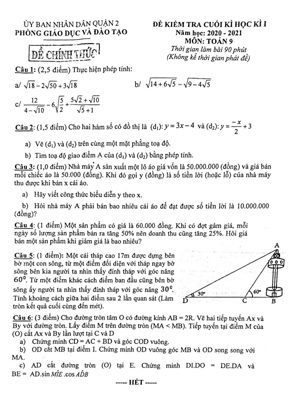 Đề thi cuối học kì 1 Toán 9 năm 2020 – 2021 phòng GD&ĐT Quận 2 – TP HCM