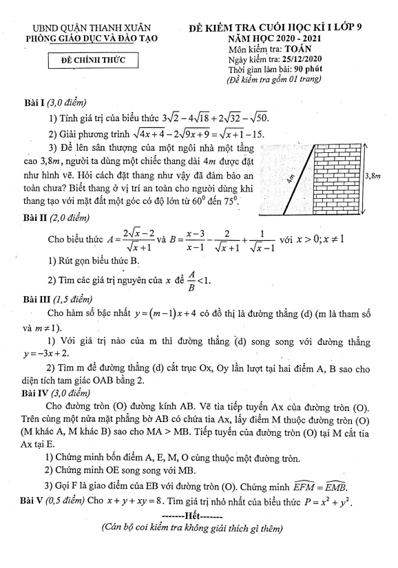 Đề thi cuối học kì 1 Toán 9 năm 2020 – 2021 phòng GD&ĐT Thanh Xuân – Hà Nội