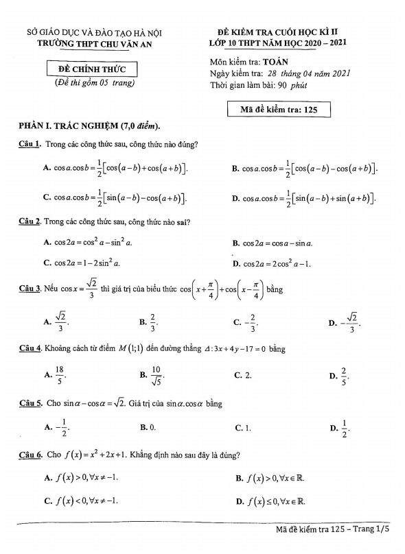 Đề thi cuối học kì 2 Toán 10 năm 2020 – 2021 trường THPT Chu Văn An – Hà Nội
