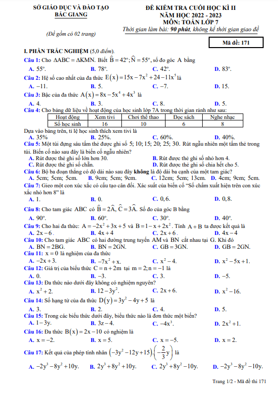 Đề thi cuối học kì 2 Toán 7 năm 2022 – 2023 sở GD&ĐT Bắc Giang