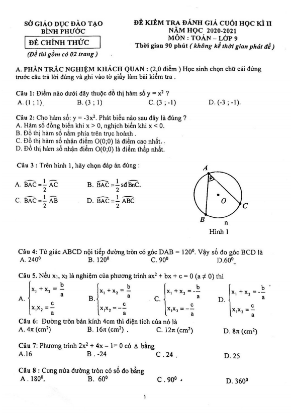 Đề thi cuối học kì 2 Toán 9 năm 2020 – 2021 sở GD&ĐT Bình Phước