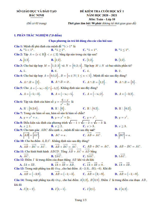 Đề thi cuối học kỳ 1 Toán 10 năm học 2020 – 2021 sở GD&ĐT Bắc Ninh