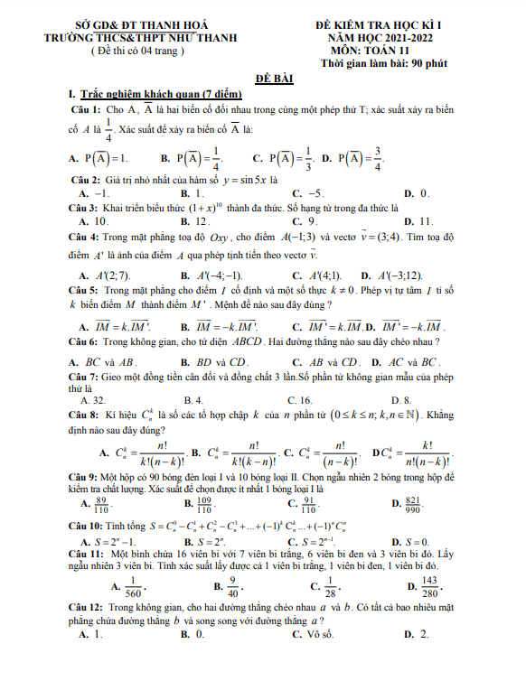 Đề thi cuối học kỳ 1 Toán 11 năm 2021 – 2022 trường Như Thanh – Thanh Hóa