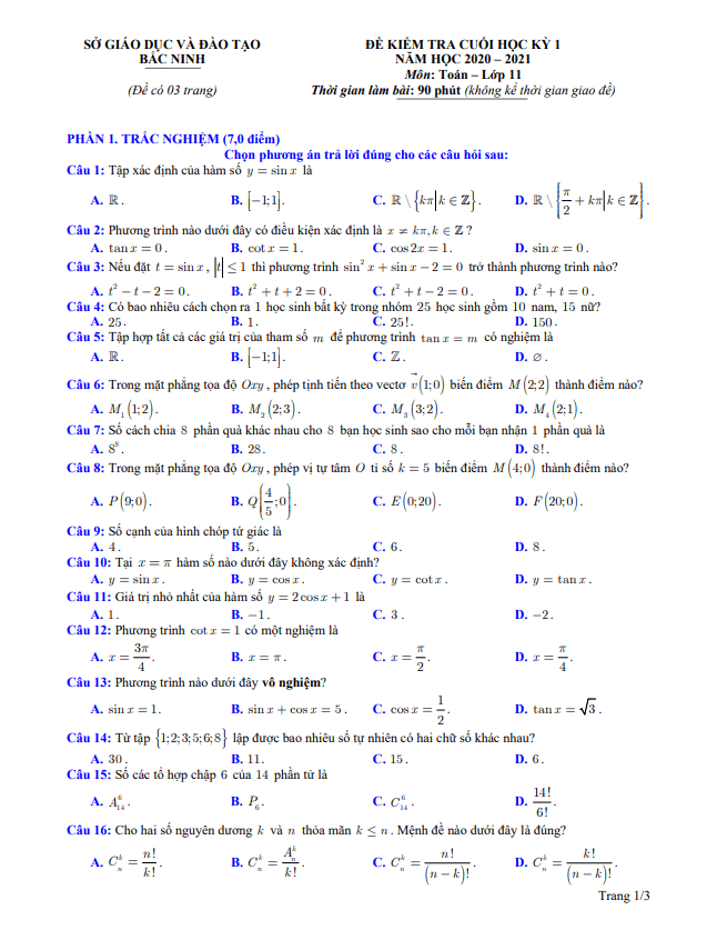 Đề thi cuối học kỳ 1 Toán 11 năm học 2020 – 2021 sở GD&ĐT Bắc Ninh