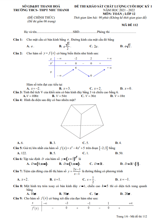 Đề thi cuối học kỳ 1 Toán 12 năm 2021 – 2022 trường Như Thanh – Thanh Hóa