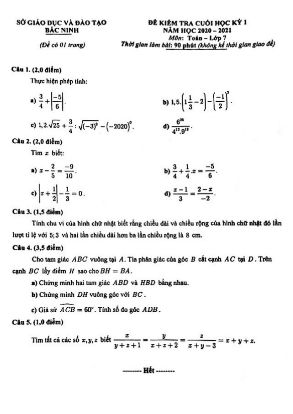 Đề thi cuối học kỳ 1 Toán 7 năm 2020 – 2021 sở GD&ĐT Bắc Ninh