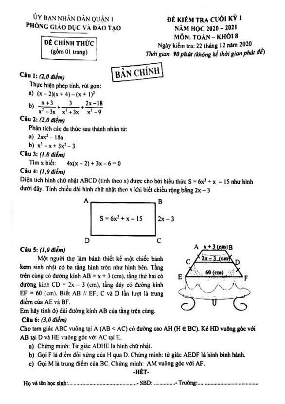 Đề thi cuối học kỳ 1 Toán 8 năm 2020 – 2021 phòng GD&ĐT Quận 1 – TP HCM