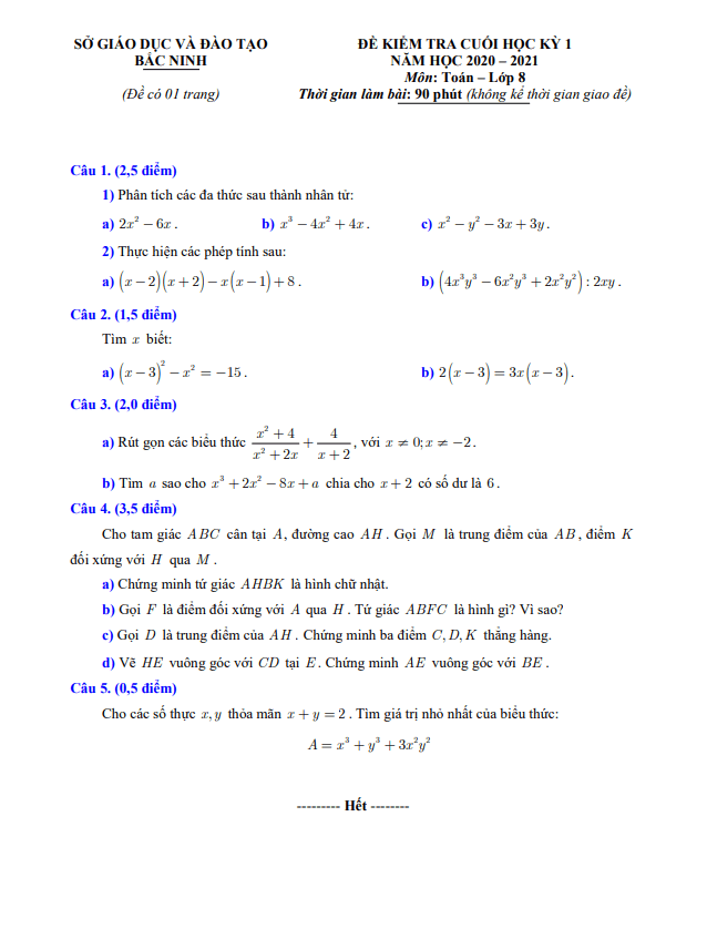 Đề thi cuối học kỳ 1 Toán 8 năm 2020 – 2021 sở GD&ĐT Bắc Ninh