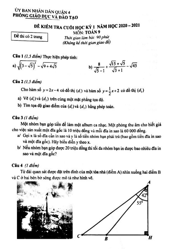 Đề thi cuối học kỳ 1 Toán 9 năm 2020 – 2021 phòng GD&ĐT Quận 4 – TP HCM