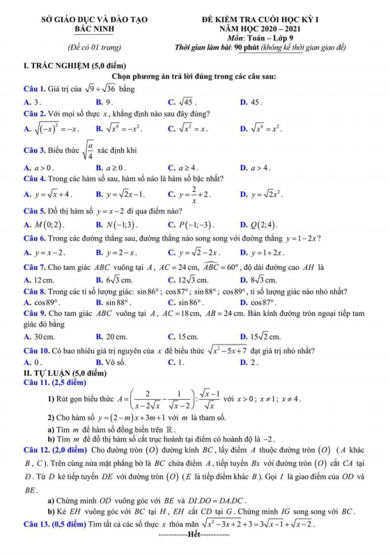 Đề thi cuối học kỳ 1 Toán 9 năm 2020 – 2021 sở GD&ĐT Bắc Ninh
