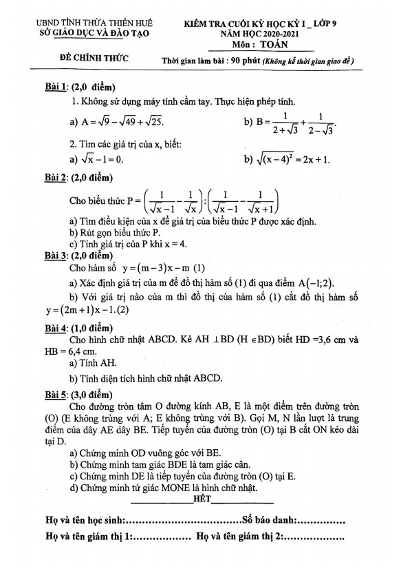 Đề thi cuối học kỳ 1 Toán 9 năm 2020 – 2021 sở GD&ĐT Thừa Thiên Huế