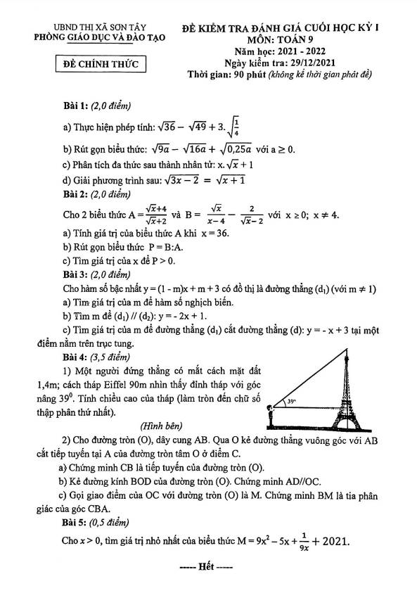 Đề thi cuối học kỳ 1 Toán 9 năm 2021 – 2022 phòng GD&ĐT Sơn Tây – Hà Nội