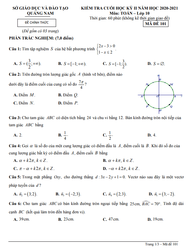 Đề thi cuối học kỳ 2 Toán 10 năm 2020 – 2021 sở GD&ĐT Quảng Nam