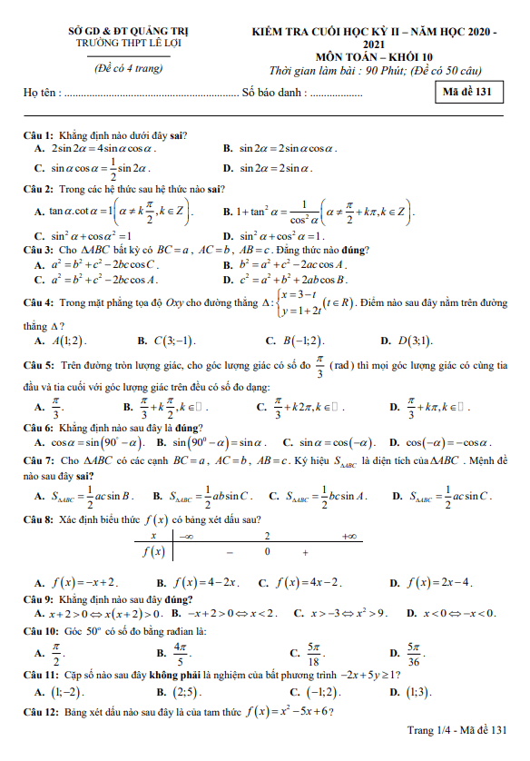 Đề thi cuối học kỳ 2 Toán 10 năm 2020 – 2021 trường THPT Lê Lợi – Quảng Trị