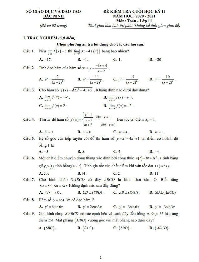 Đề thi cuối học kỳ 2 Toán 11 năm 2020 – 2021 sở GD&ĐT Bắc Ninh