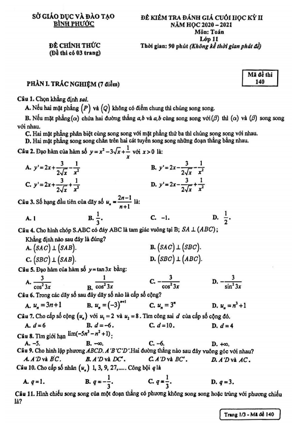 Đề thi cuối học kỳ 2 Toán 11 năm 2020 – 2021 sở GD&ĐT Bình Phước