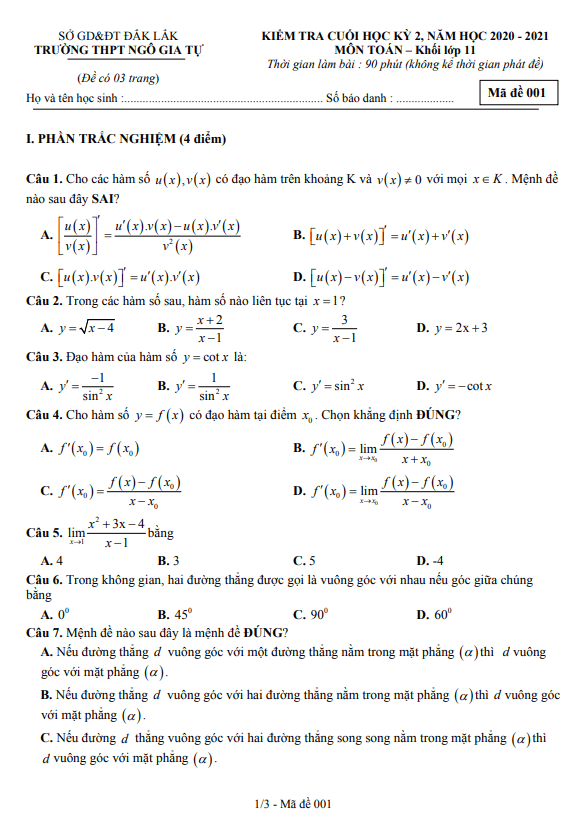 Đề thi cuối học kỳ 2 Toán 11 năm 2020 – 2021 trường THPT Ngô Gia Tự – Đắk Lắk