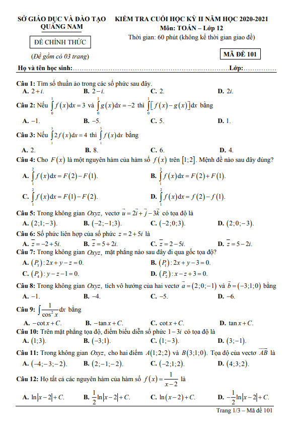 Đề thi cuối học kỳ 2 Toán 12 năm 2020 – 2021 sở GD&ĐT Quảng Nam