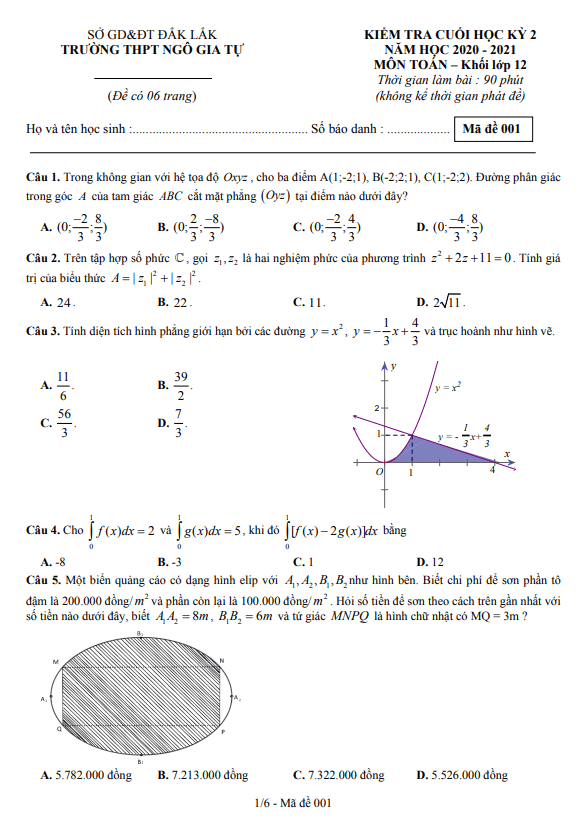 Đề thi cuối học kỳ 2 Toán 12 năm 2020 – 2021 trường THPT Ngô Gia Tự – Đắk Lắk