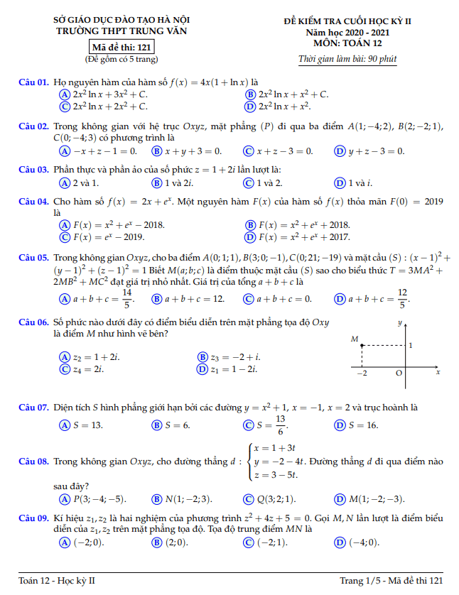 Đề thi cuối học kỳ 2 Toán 12 năm 2020 – 2021 trường THPT Trung Văn – Hà Nội