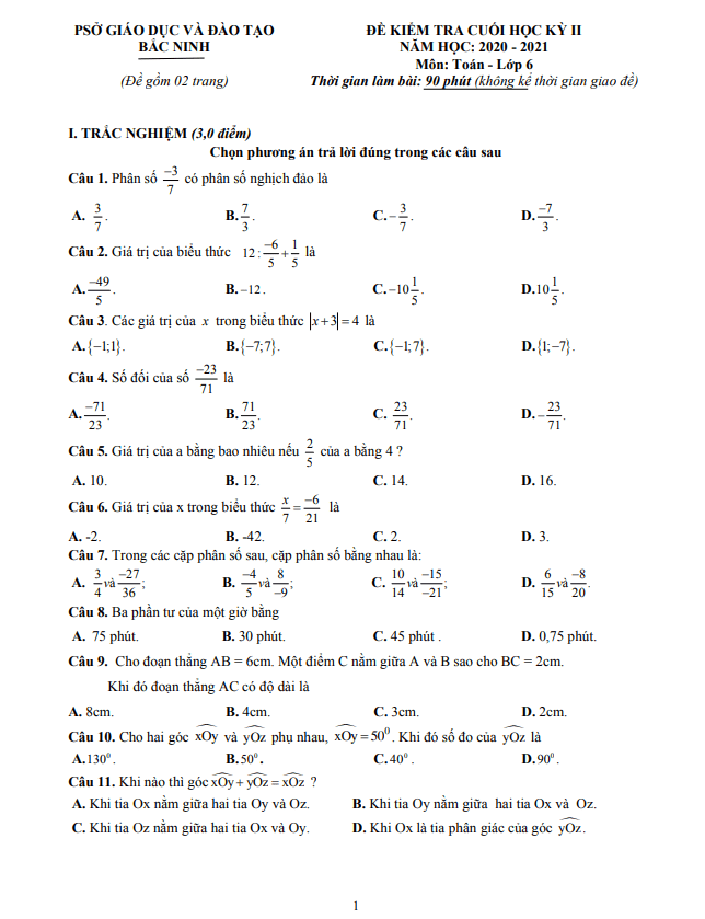 Đề thi cuối học kỳ 2 Toán 6 năm 2020 – 2021 sở GD&ĐT Bắc Ninh