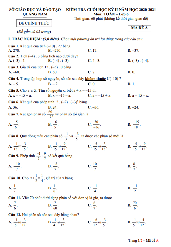 Đề thi cuối học kỳ 2 Toán 6 năm 2020 – 2021 sở GD&ĐT Quảng Nam