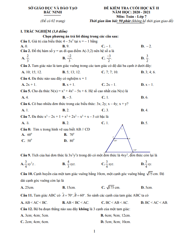 Đề thi cuối học kỳ 2 Toán 7 năm 2020 – 2021 sở GD&ĐT Bắc Ninh