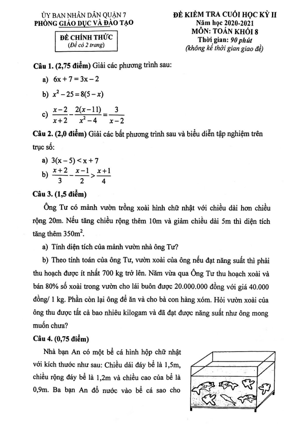 Đề thi cuối học kỳ 2 Toán 8 năm 2020 – 2021 phòng GD&ĐT quận 7 – TP HCM