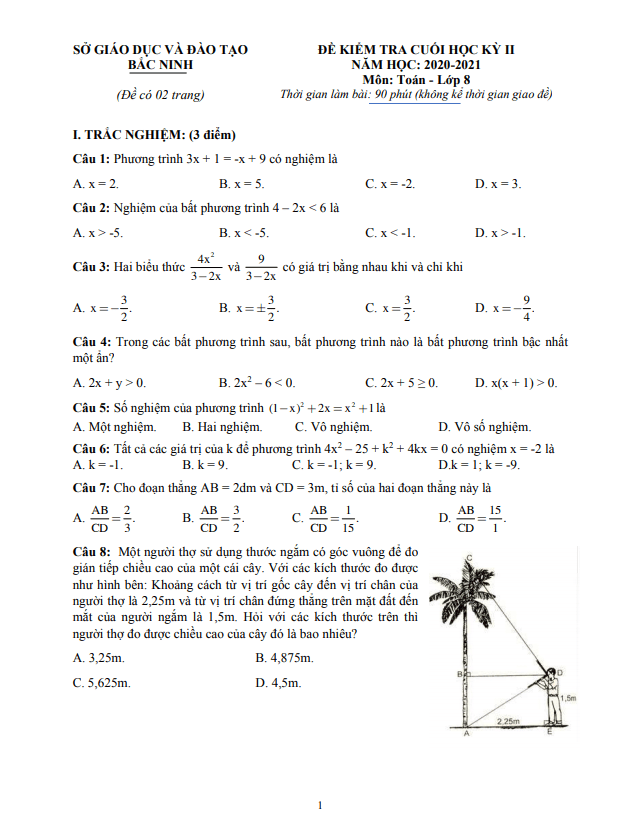 Đề thi cuối học kỳ 2 Toán 8 năm 2020 – 2021 sở GD&ĐT Bắc Ninh