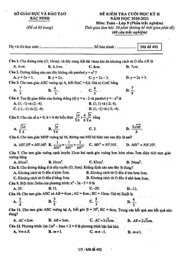 Đề thi cuối học kỳ 2 Toán 9 năm 2020 – 2021 sở GD&ĐT Bắc Ninh