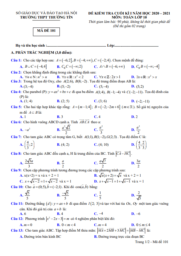 Đề thi cuối kì 1 Toán 10 năm 2020 – 2021 trường THPT Thường Tín – Hà Nội