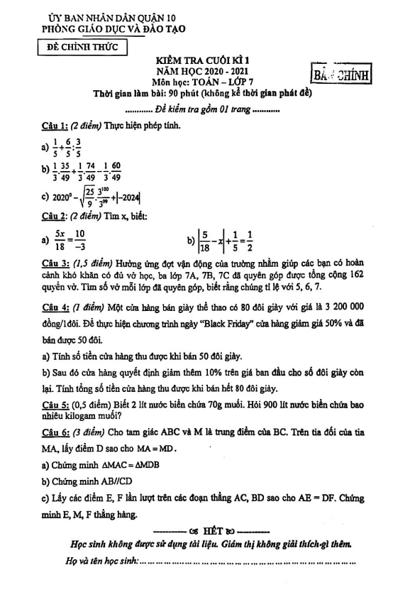 Đề thi cuối kì 1 Toán 7 năm 2020 – 2021 phòng GD&ĐT Quận 10 – TP HCM