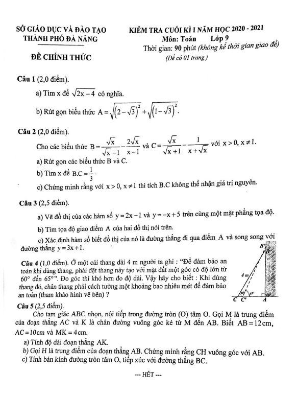 Đề thi cuối kì 1 Toán 9 năm học 2020 – 2021 sở GD&ĐT Đà Nẵng