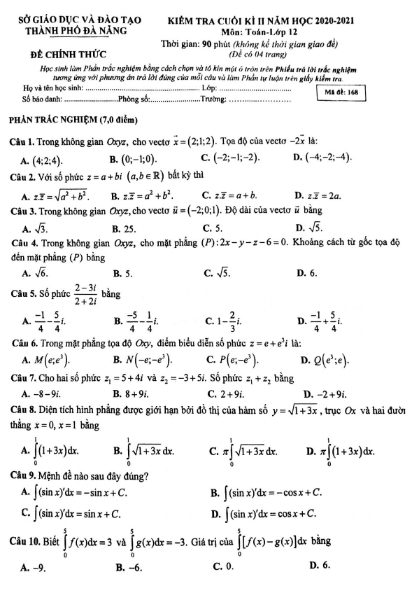 Đề thi cuối kì 2 Toán 12 năm 2020 – 2021 sở GD&ĐT thành phố Đà Nẵng