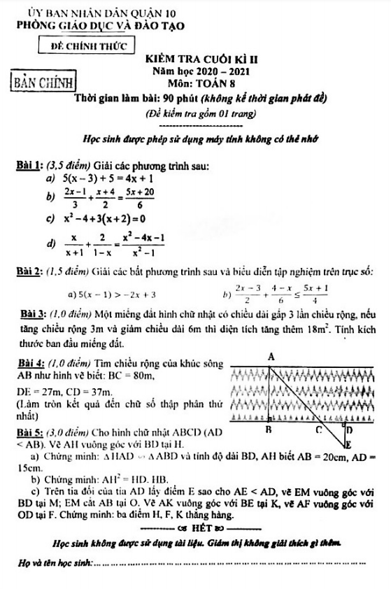 Đề thi cuối kì 2 Toán 8 năm 2020 – 2021 phòng GD&ĐT quận 10 – TP HCM