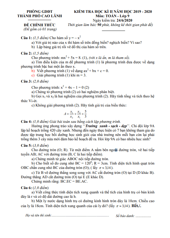 Đề thi cuối kì 2 Toán 9 năm 2019 – 2020 phòng GD&ĐT TP Cao Lãnh – Đồng Tháp