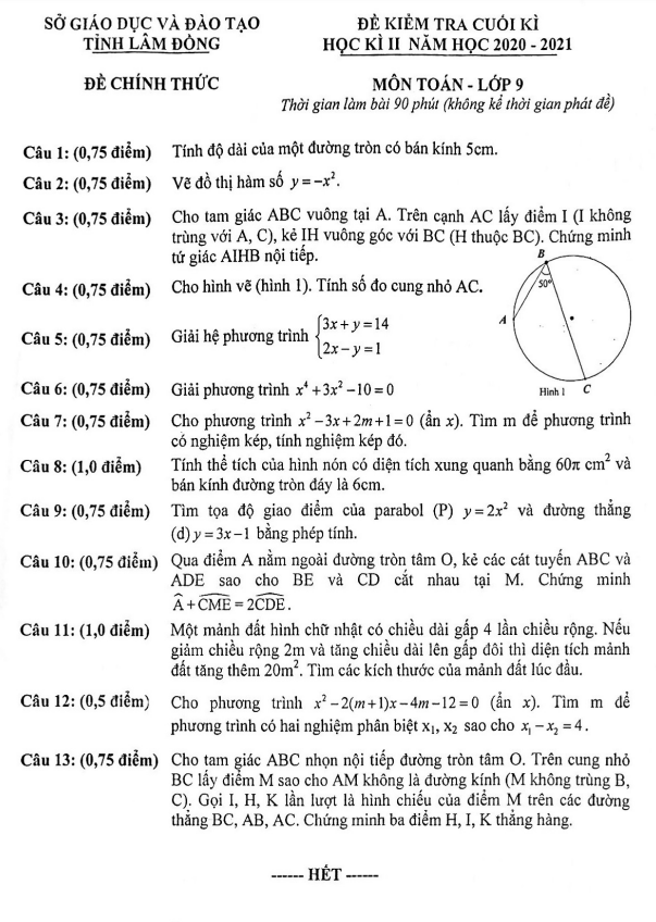 Đề thi cuối kì 2 Toán 9 năm 2020 – 2021 sở GD&ĐT tỉnh Lâm Đồng