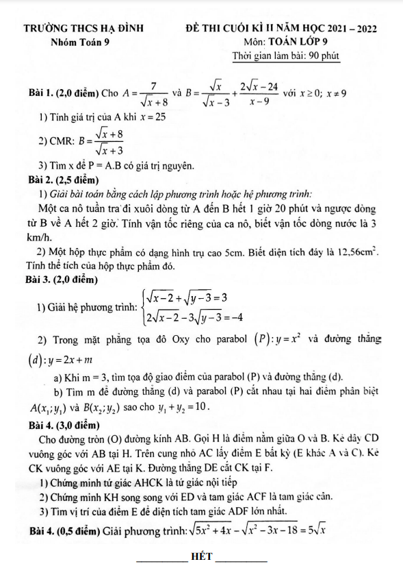Đề thi cuối kì 2 Toán 9 năm 2021 – 2022 trường THCS Hạ Đình – Hà Nội