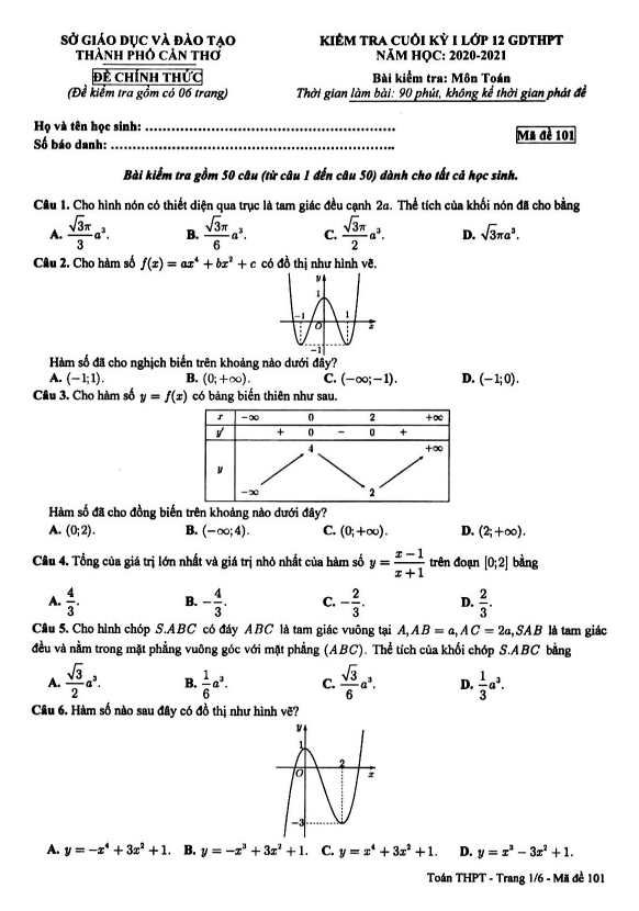 Đề thi cuối kỳ 1 Toán 12 GDTHPT năm 2020 – 2021 sở GD&ĐT Cần Thơ