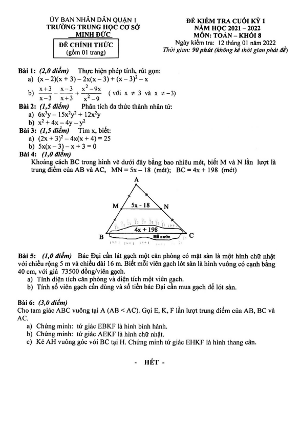 Đề thi cuối kỳ 1 Toán 8 năm 2021 – 2022 trường THCS Minh Đức – TP HCM
