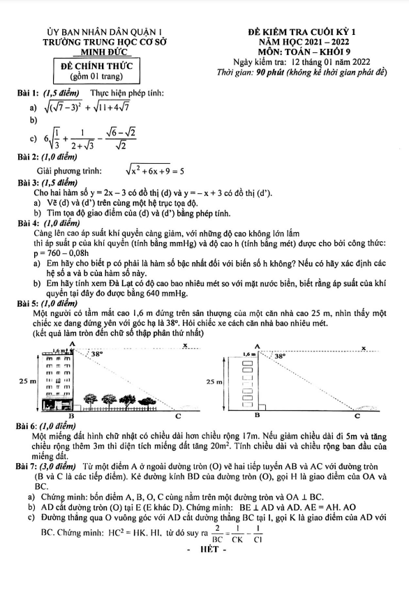 Đề thi cuối kỳ 1 Toán 9 năm 2021 – 2022 trường THCS Minh Đức – TP HCM
