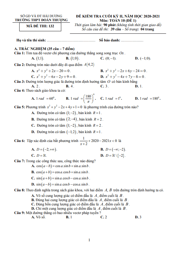 Đề thi cuối kỳ 2 Toán 10 năm 2020 – 2021 trường Đoàn Thượng – Hải Dương