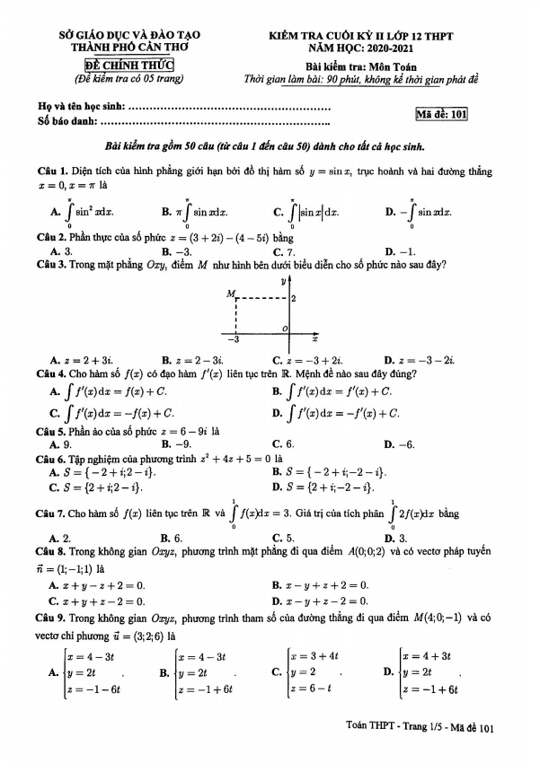 Đề thi cuối kỳ 2 Toán 12 năm 2020 – 2021 sở GD&ĐT thành phố Cần Thơ