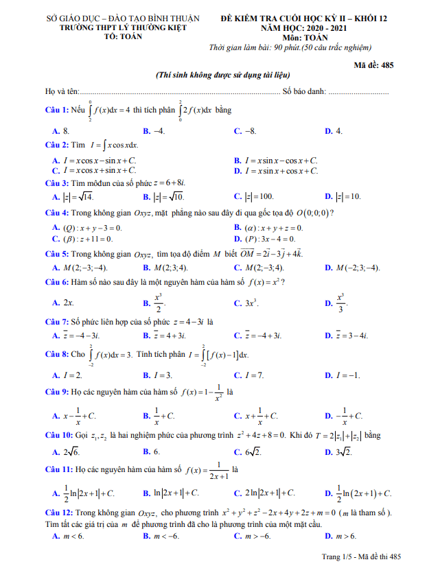 Đề thi cuối kỳ 2 Toán 12 năm 2020 – 2021 trường Lý Thường Kiệt – Bình Thuận