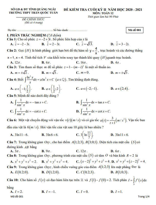 Đề thi cuối kỳ 2 Toán 12 năm 2020 – 2021 trường Trần Quốc Tuấn – Quảng Ngãi