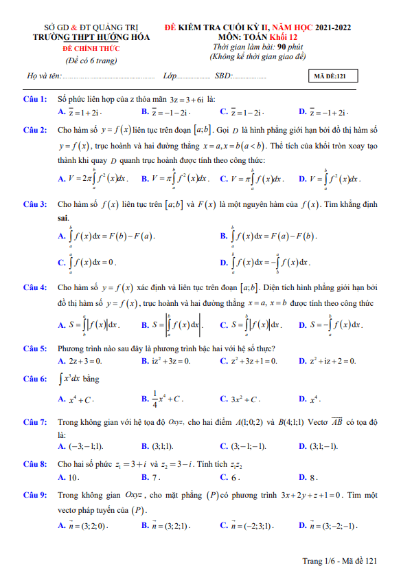 Đề thi cuối kỳ 2 Toán 12 năm 2021 – 2022 trường THPT Hướng Hóa – Quảng Trị