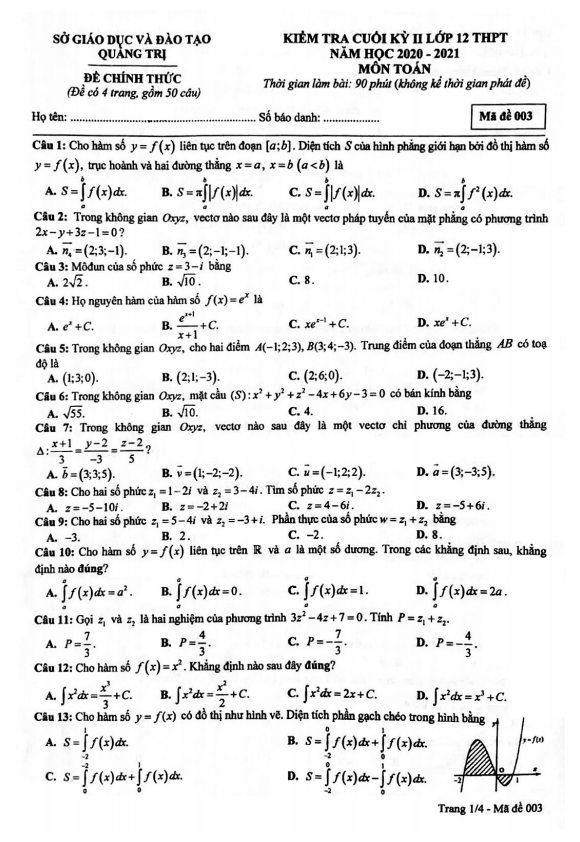 Đề thi cuối kỳ 2 Toán 12 năm học 2020 – 2021 sở GD&ĐT Quảng Trị